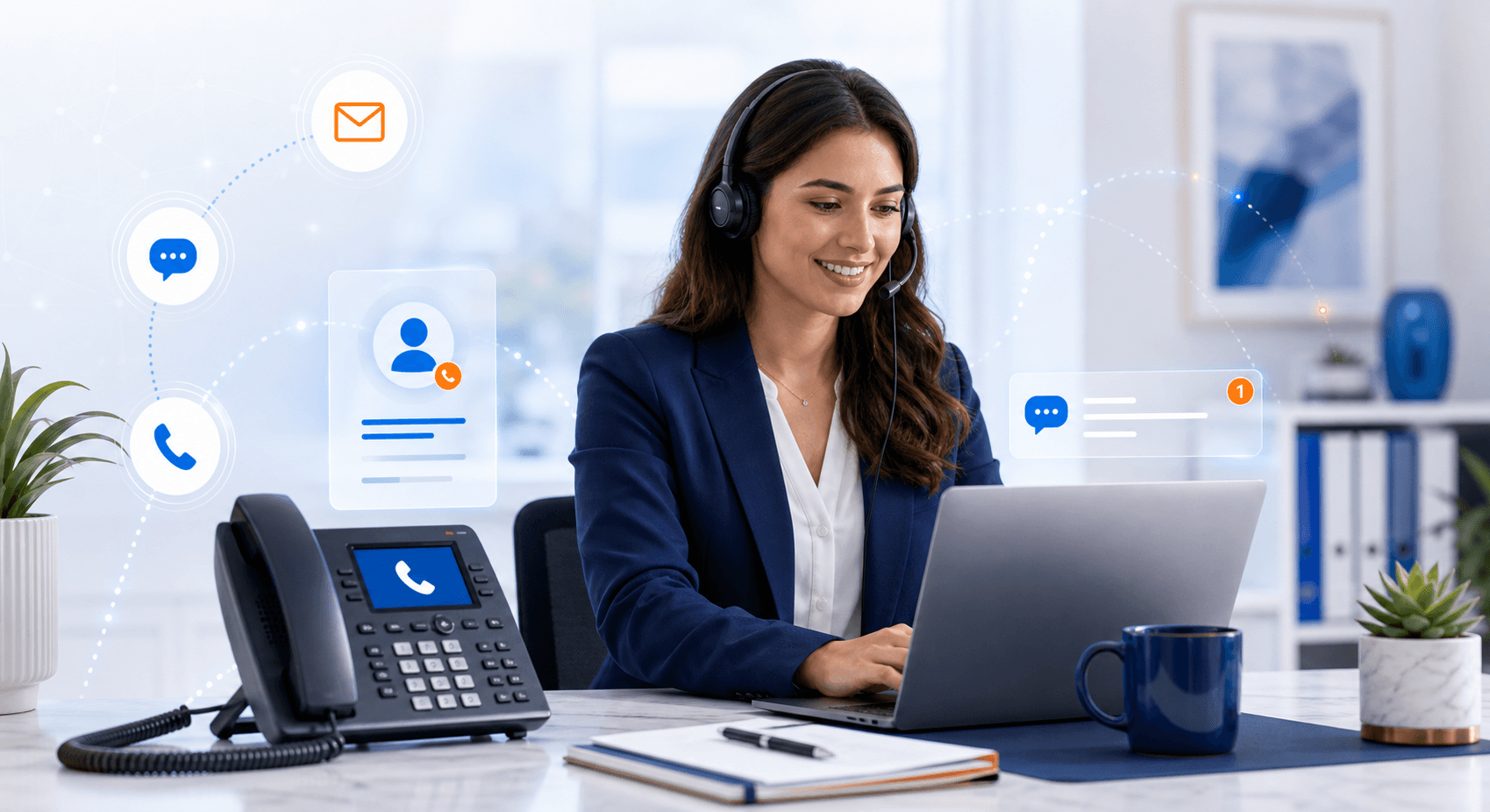Professional answering service setup with desk phone, laptop, headset, and call handling interface cues