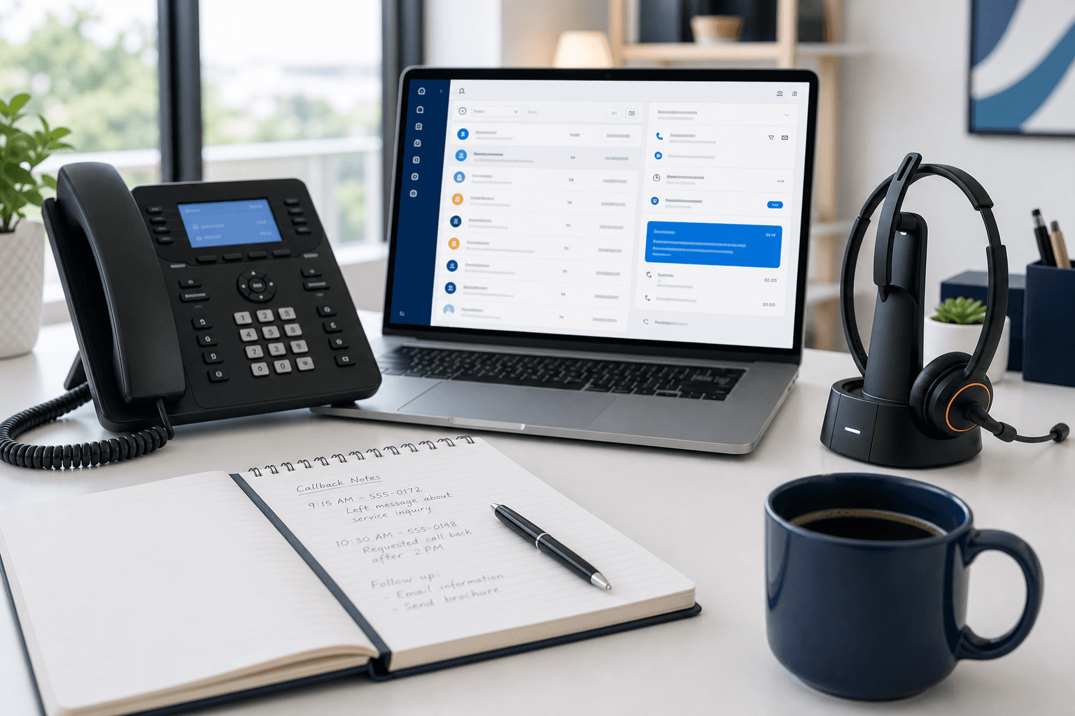 Professional answering service workstation with desk phone, headset, callback notes, and organized call log interface