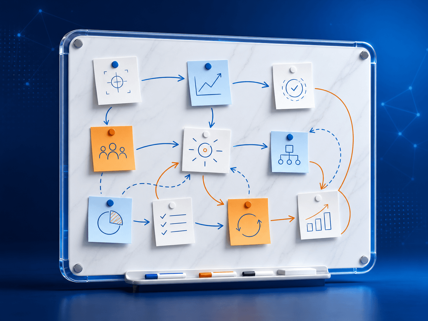 Glossy strategic planning whiteboard with connected notes and collaborative ideas