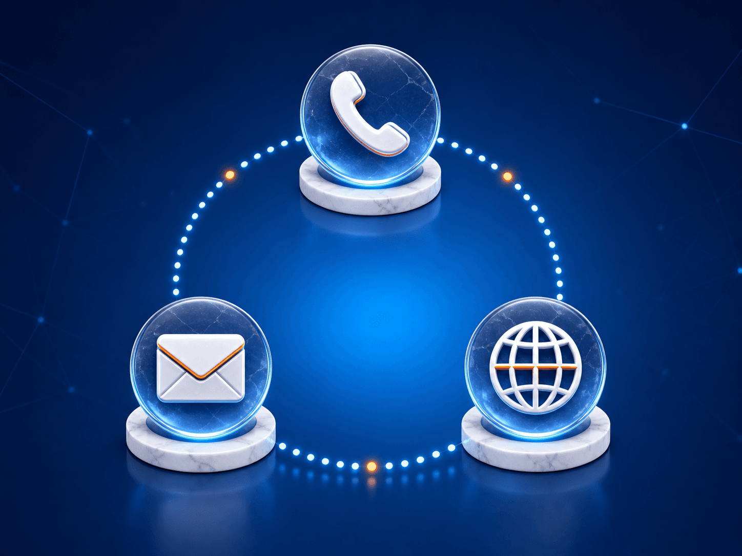 Dotted circular communication loop connecting phone, email, and web icons