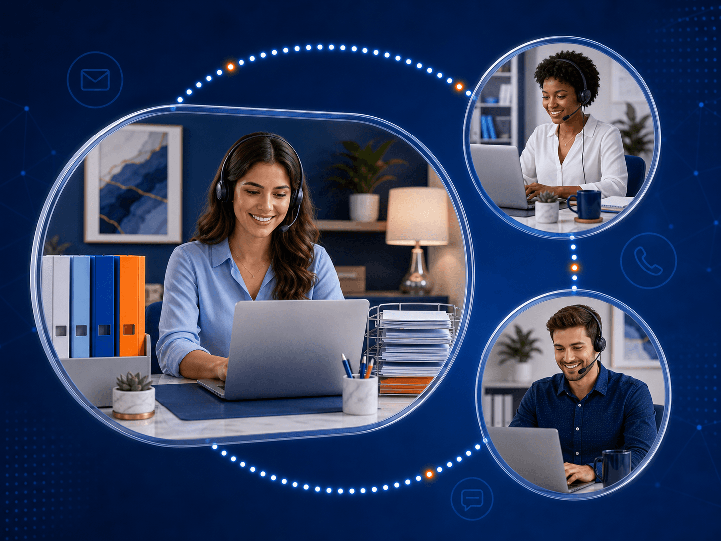 Network of three professional virtual assistants working from organized home offices