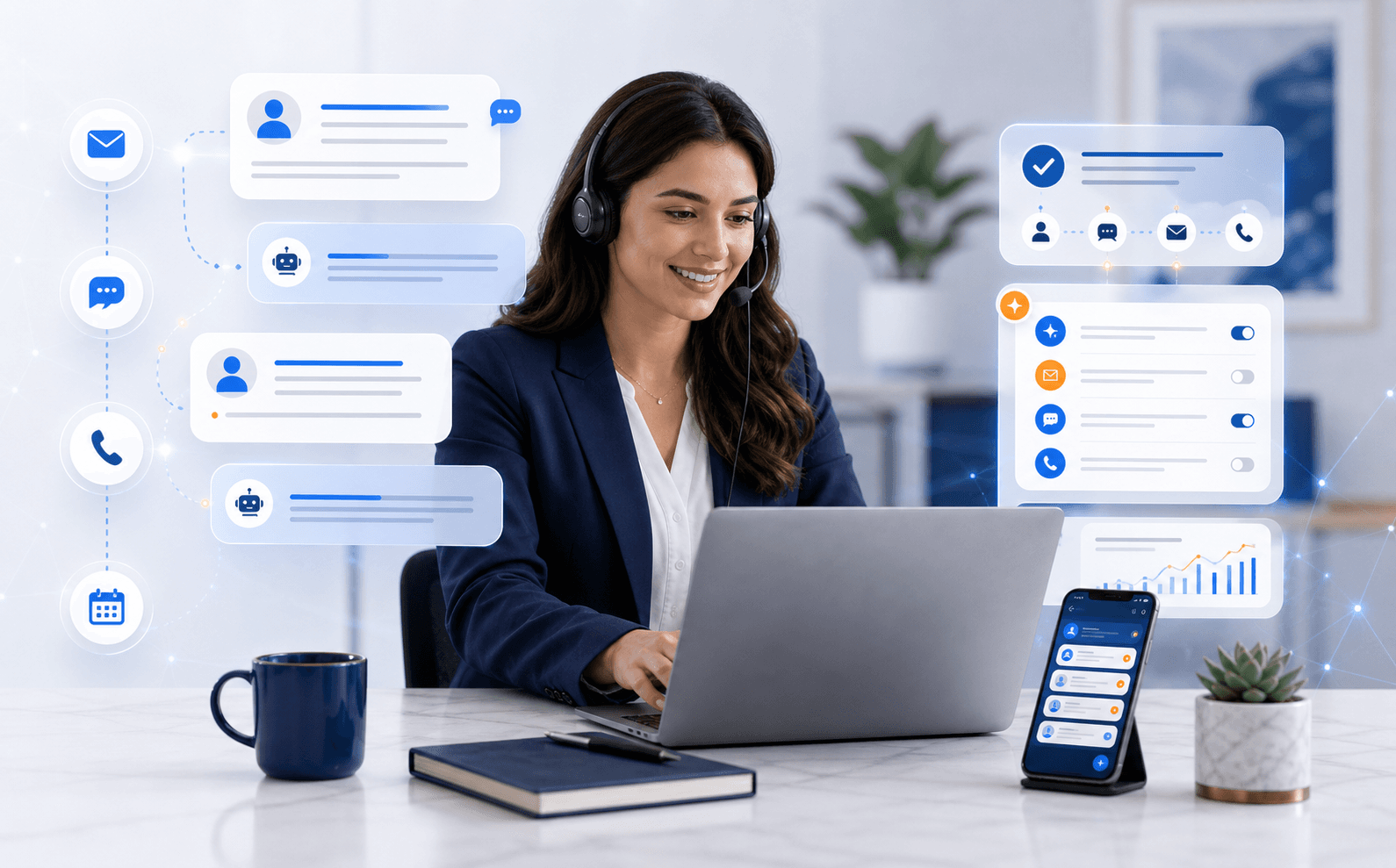 Human-centered AI communication support workflow with automation panels around a professional workstation