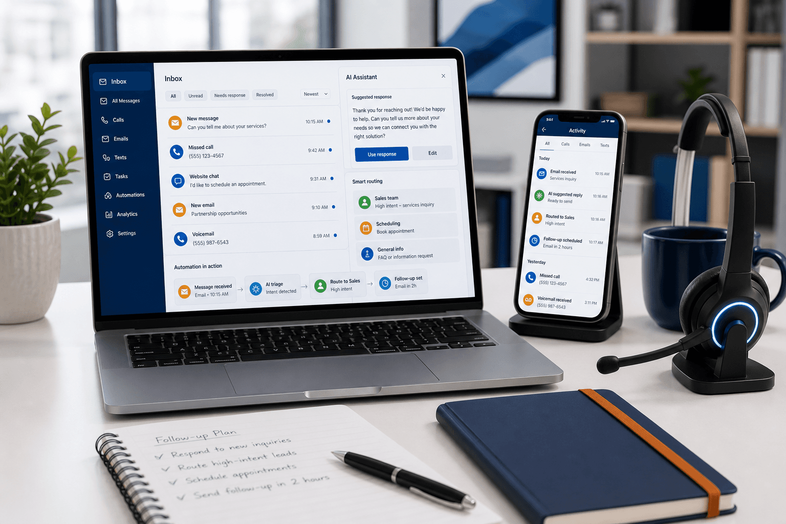 AI-assisted communication workflow on a laptop with response suggestions and automation routing in a modern office