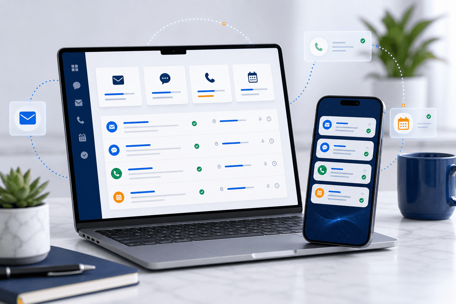 Laptop and smartphone showing connected follow-up activity across calls, messages, email, and scheduling