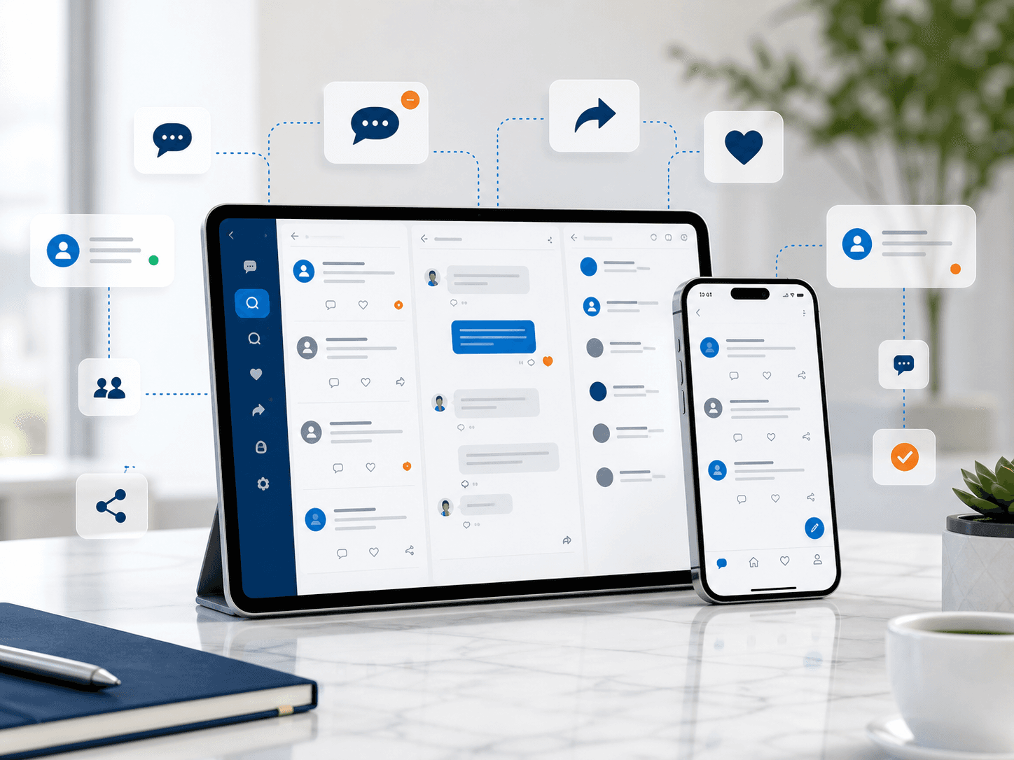 Tablet and smartphone organizing social media messages, comments, replies, and routed follow-up cues