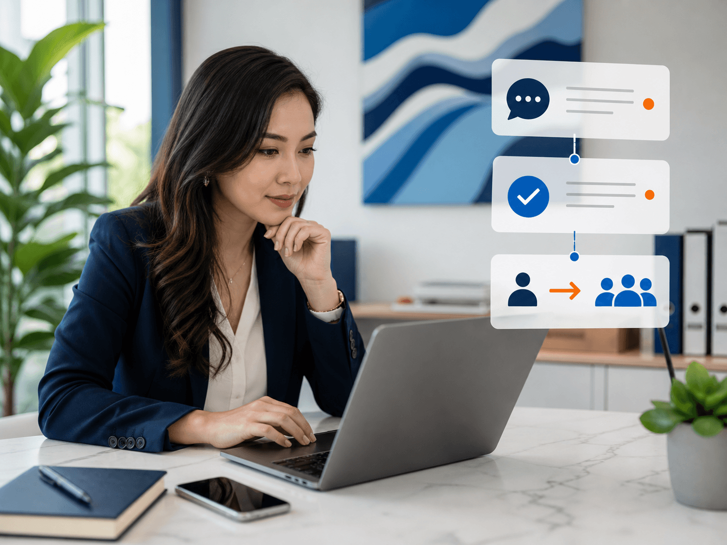 Communication specialist reviewing, approving, and routing social media customer conversations