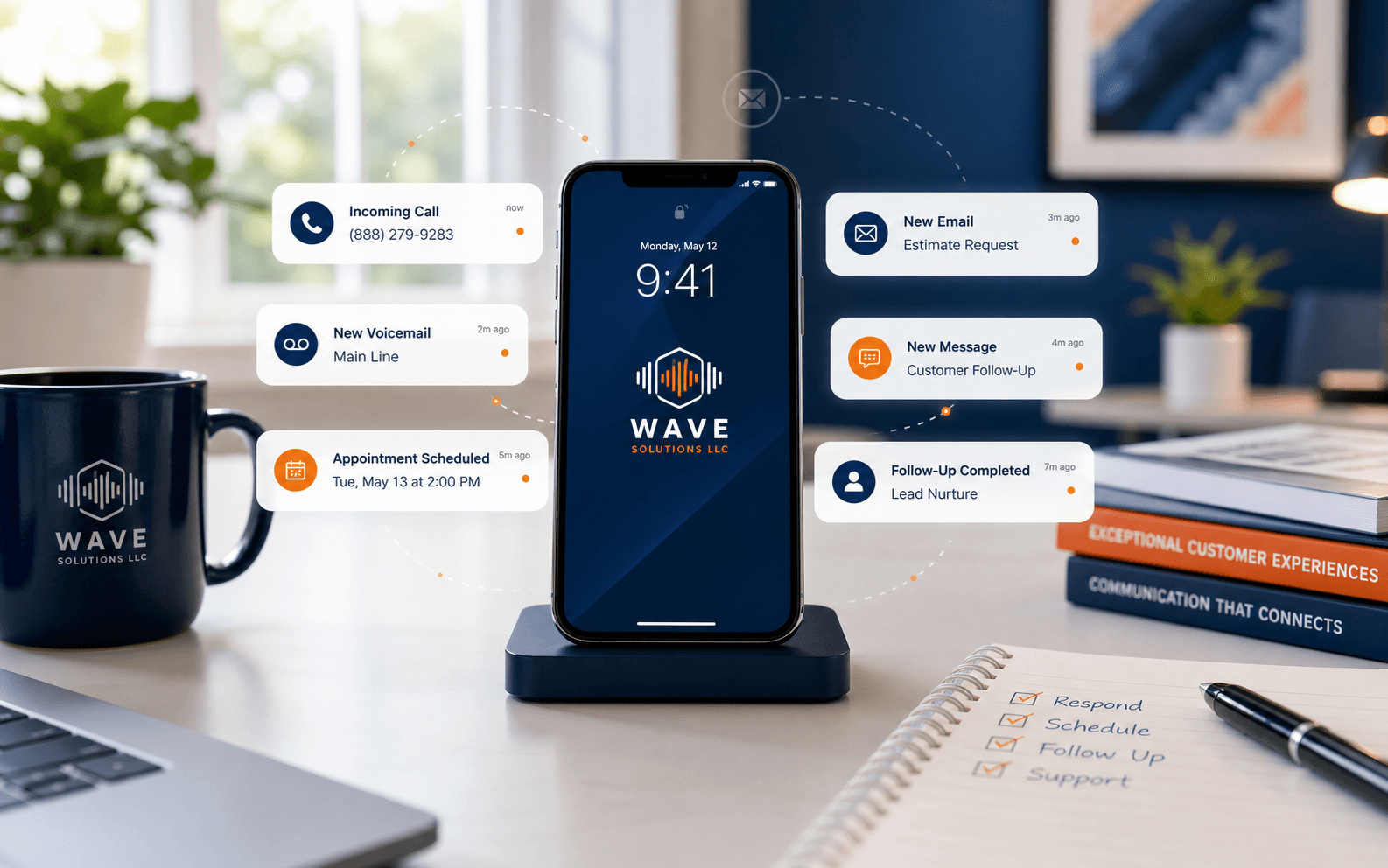 Modern smartphone showing call, email, message, voicemail, and appointment notifications surrounded by connected tech interface elements