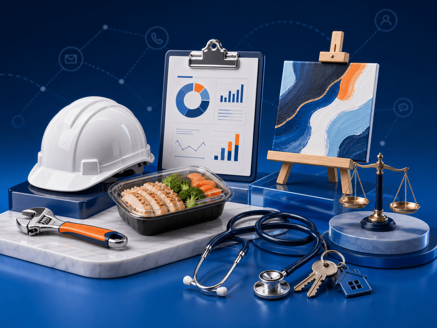 Collage of service-industry objects including a hard hat, prepared meal, data clipboard, artwork, stethoscope, tools, keys, and legal scales