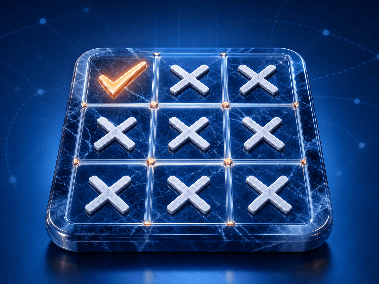 Glossy blue marble tic-tac-toe board with a check mark followed by eight X marks